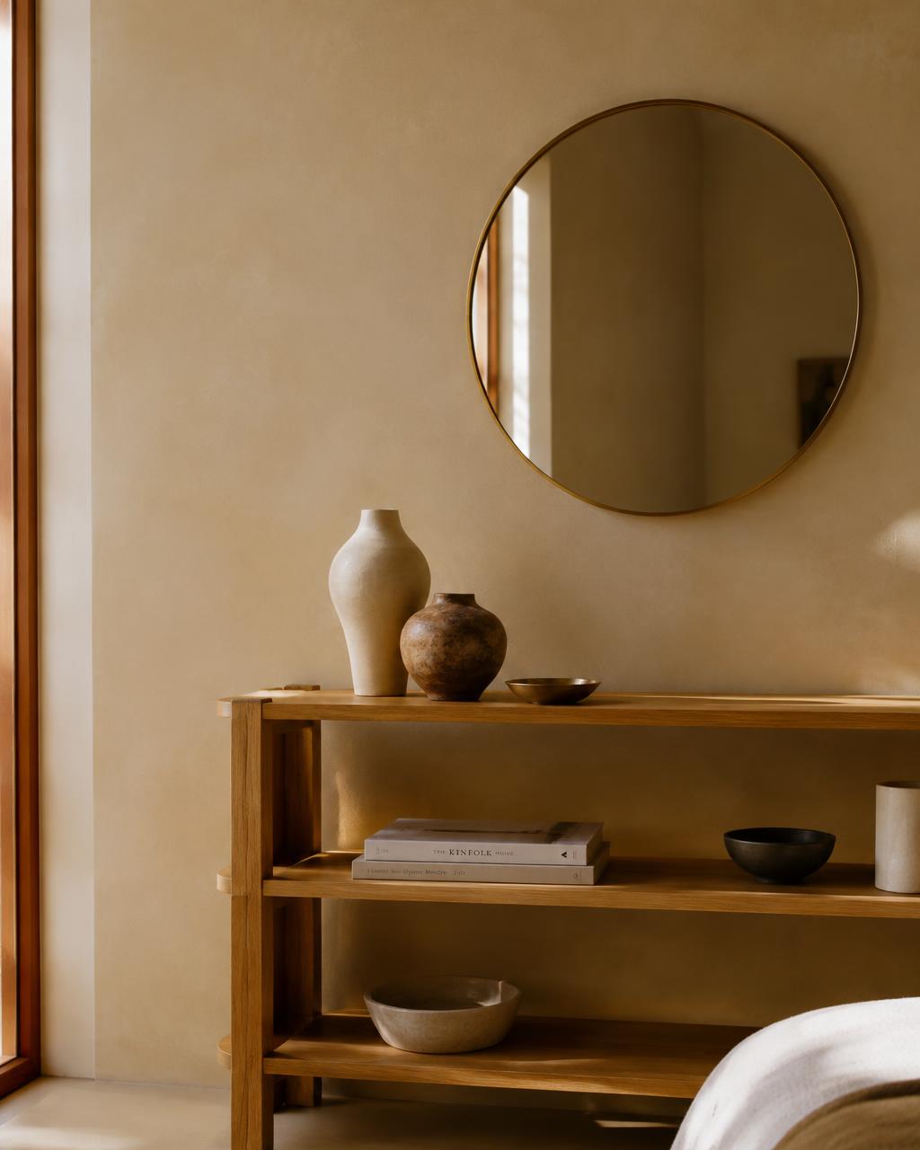 Round brass mirror and shelving