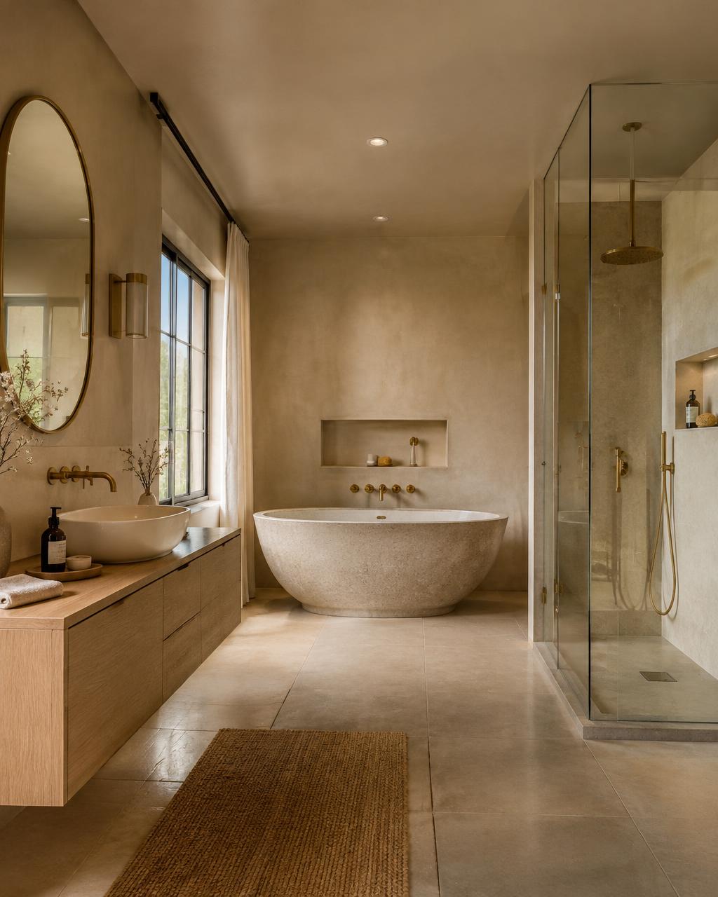 European bathroom with stone bathtub, oak vanity and brass fixtures