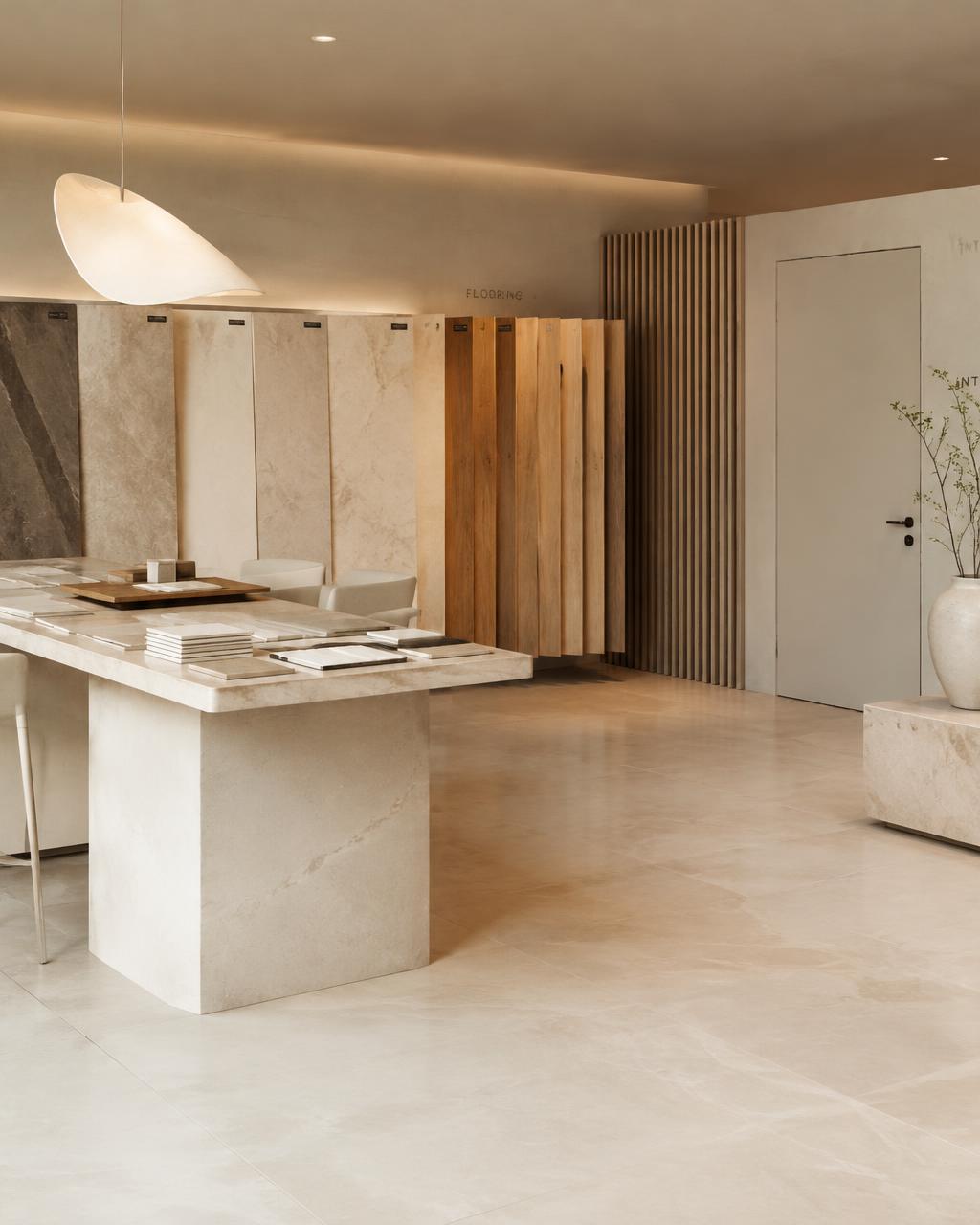 Interior materials showroom with stone tiles, wood flooring and wall panels