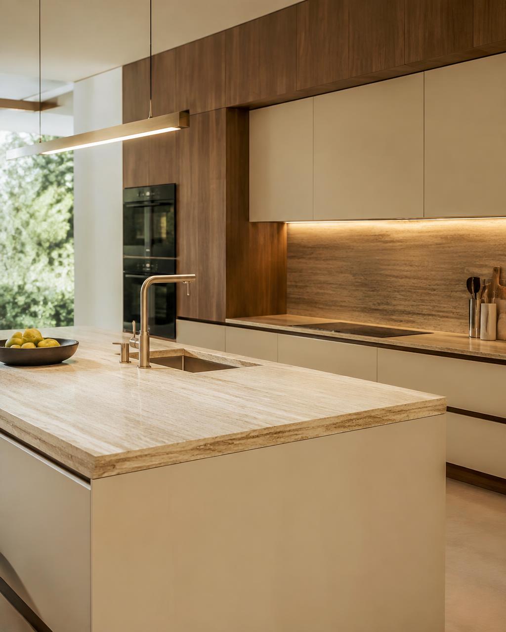 Contemporary kitchen with ivory and walnut cabinets and travertine island