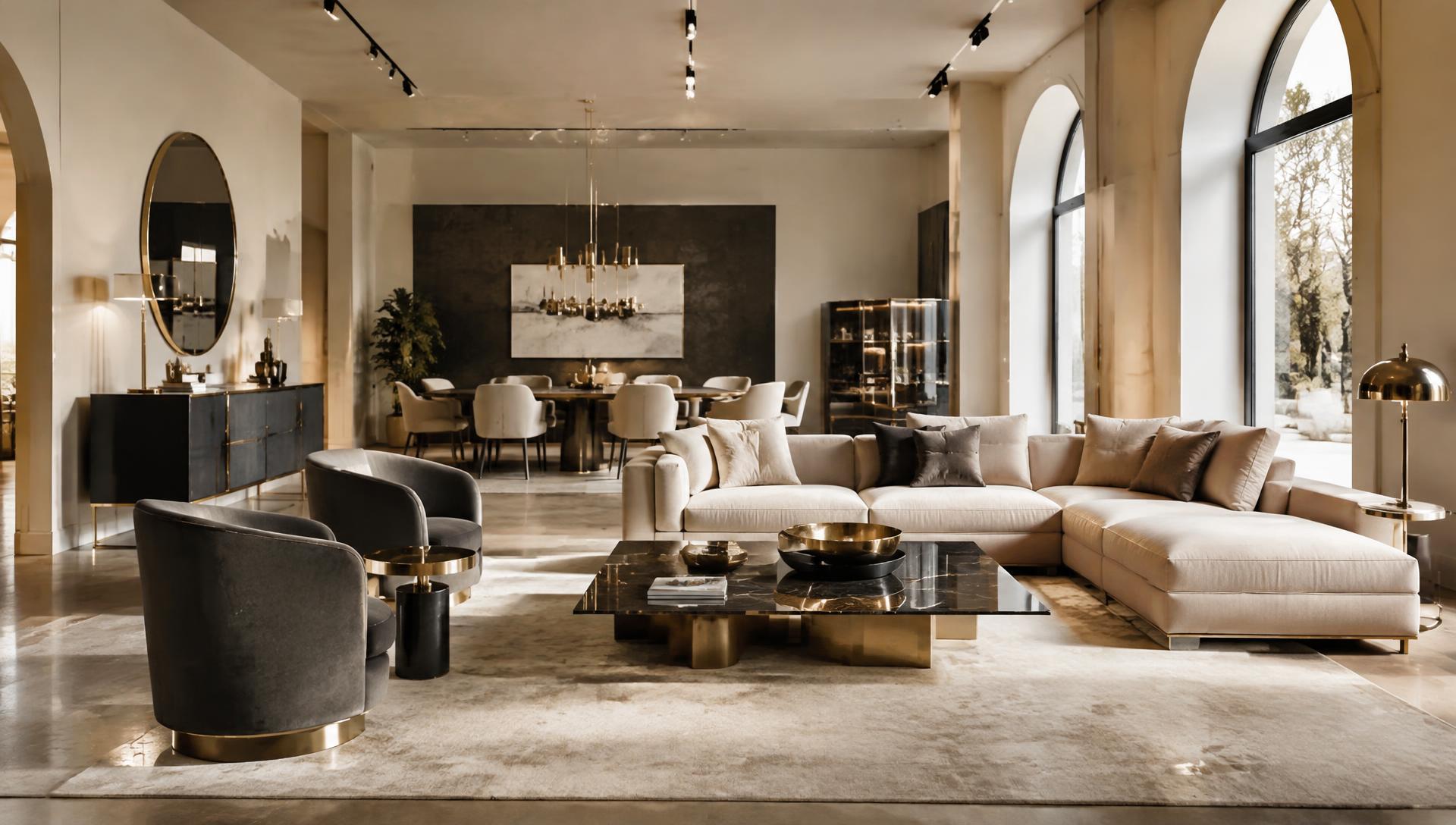 Contemporary European furniture showroom with sofas, armchairs and dining area